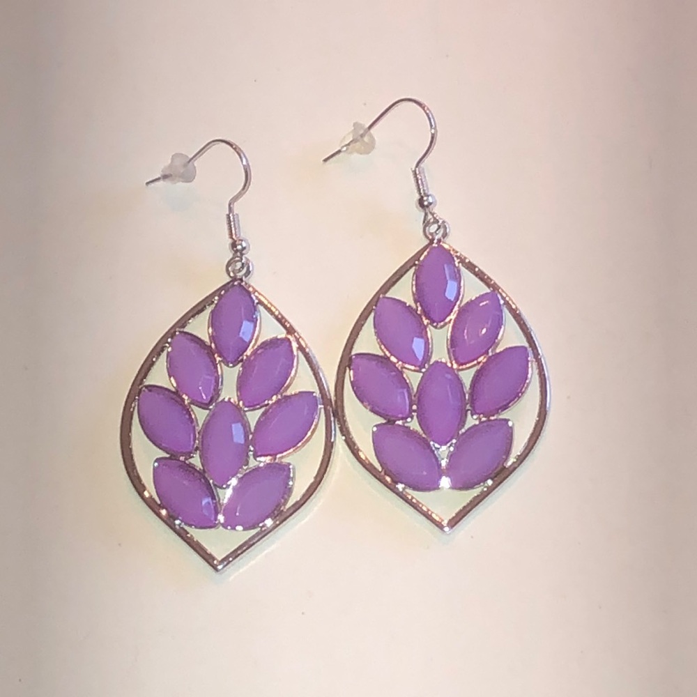 Purple Teardrop Leaf Silver Tone Dangle Earrings